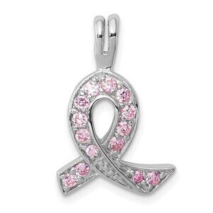 925 Sterling Silver Pink CZ Cancer Awareness Ribbon Necklace Charm Pendant